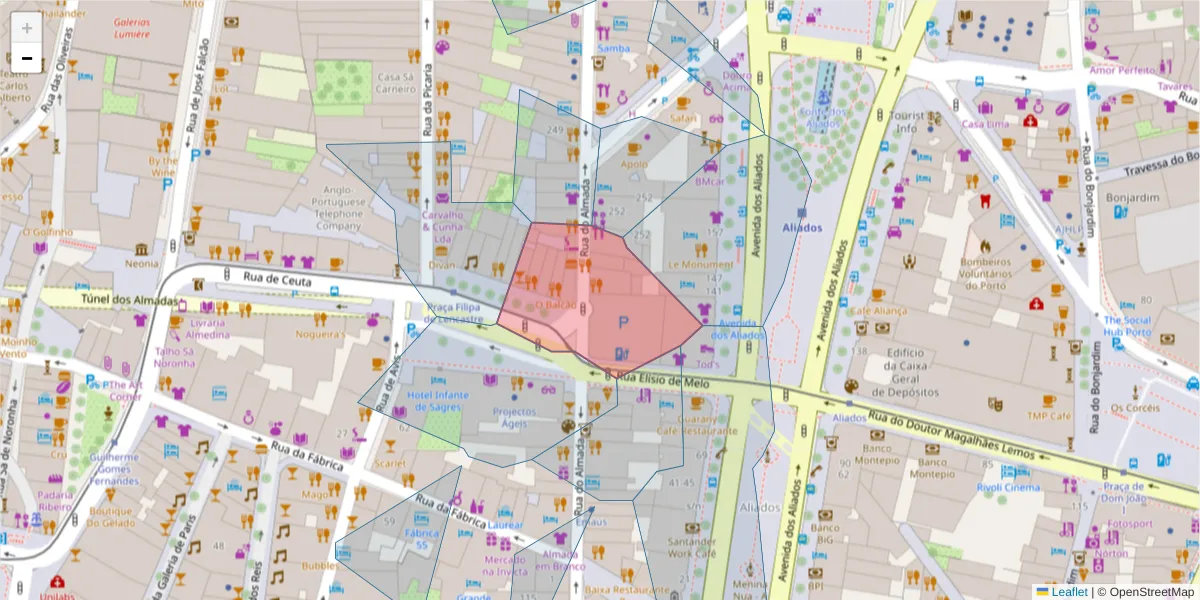 Mapa detalhado do código postal 4050-032 com limites, códigos postais vizinhos e agências dos correios