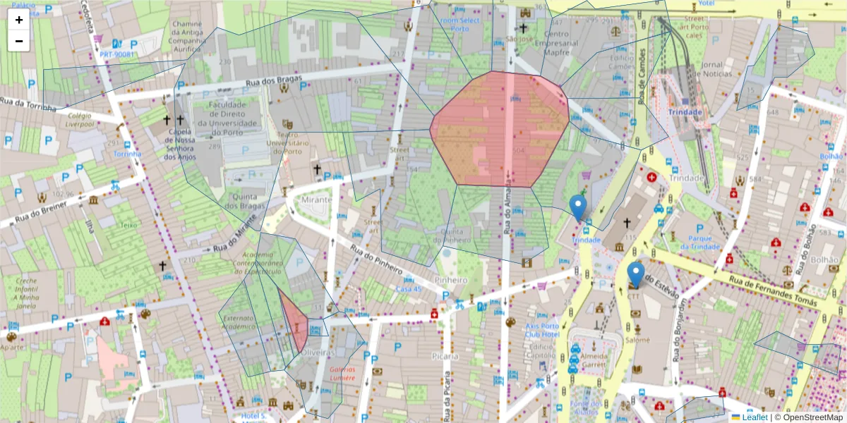 Mapa detalhado do código postal 4050-034 com limites, códigos postais vizinhos e agências dos correios