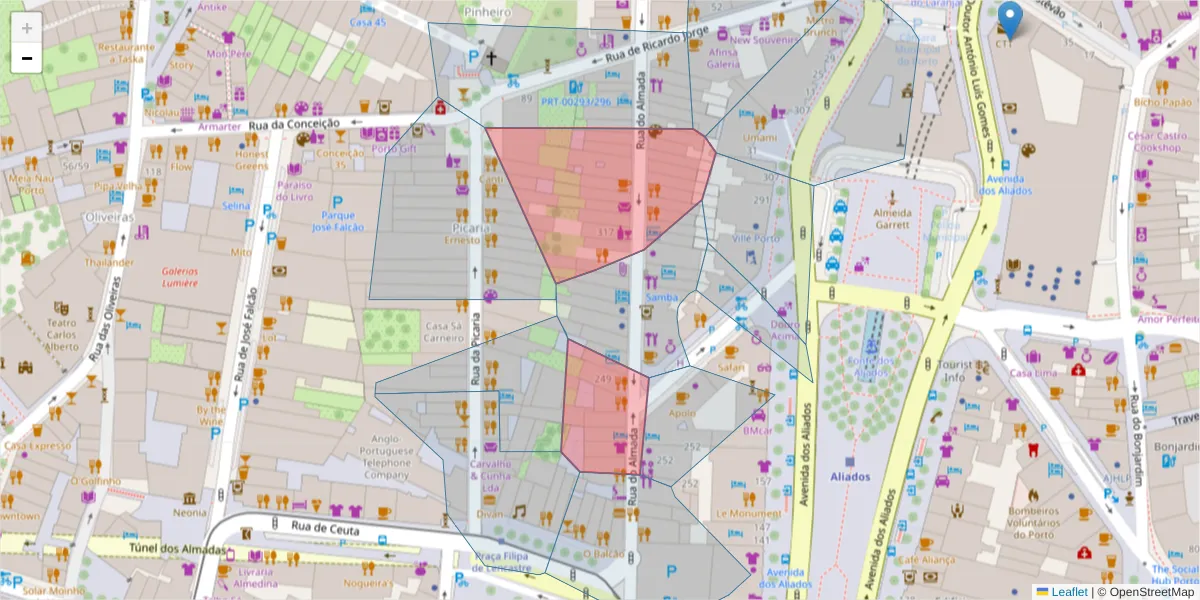 Mapa detalhado do código postal 4050-038 com limites, códigos postais vizinhos e agências dos correios