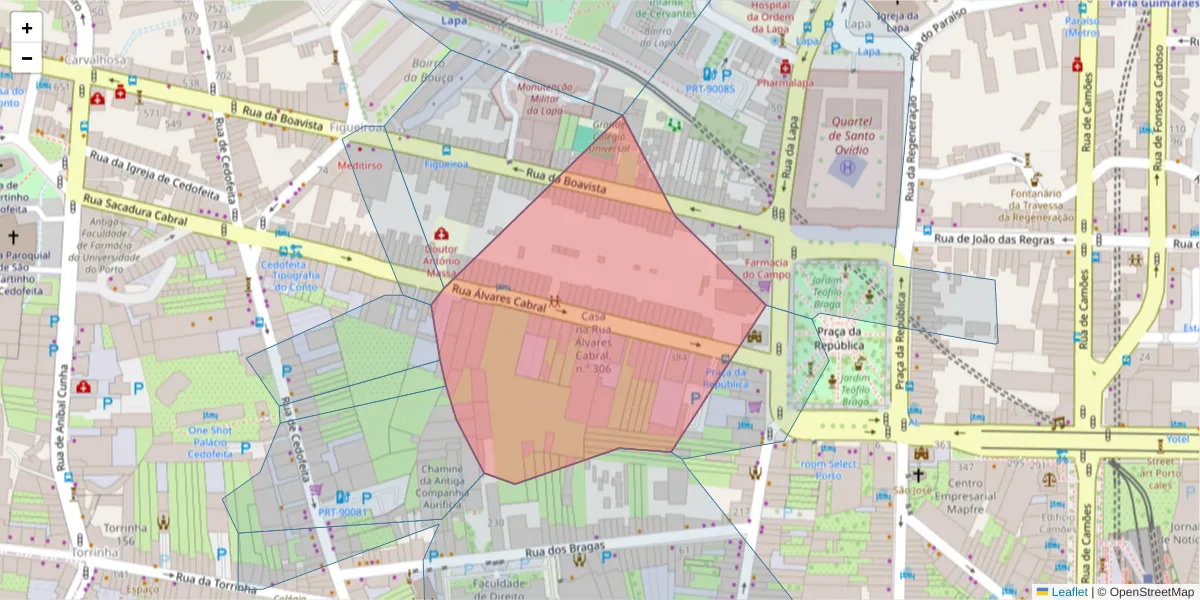Mapa detalhado do código postal 4050-040 com limites, códigos postais vizinhos e agências dos correios