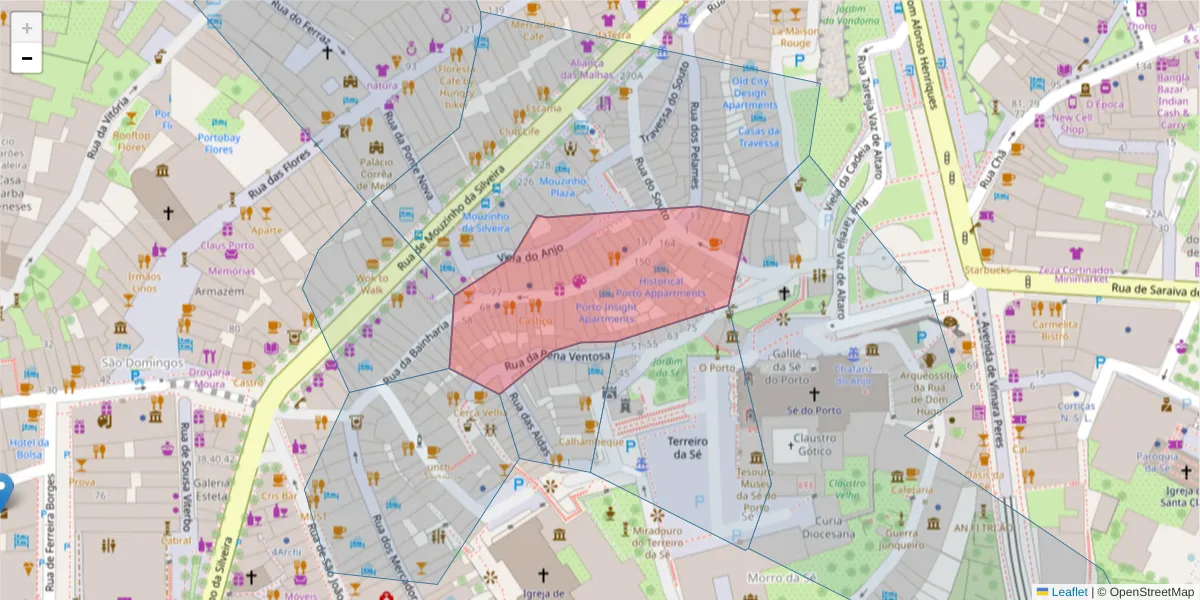 Mapa detalhado do código postal 4050-084 com limites, códigos postais vizinhos e agências dos correios