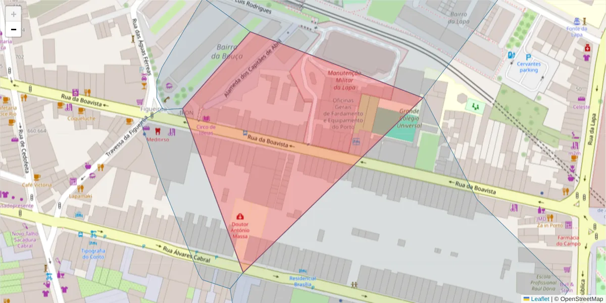 Mapa detalhado do código postal 4050‐102 com limites, códigos postais vizinhos e agências dos correios