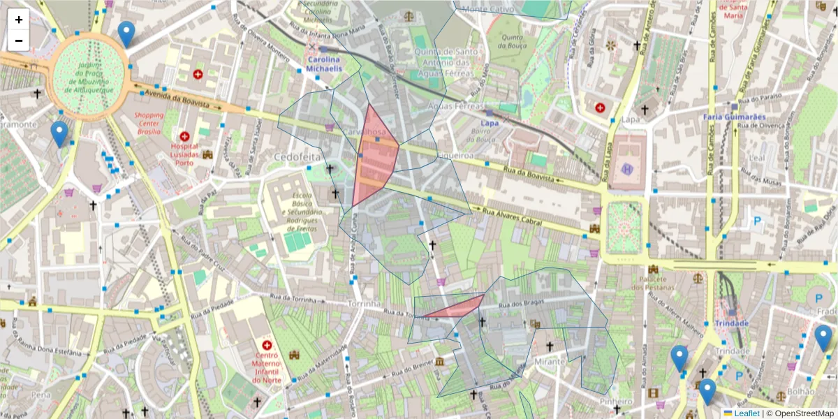 Mapa detalhado do código postal 4050-109 com limites, códigos postais vizinhos e agências dos correios