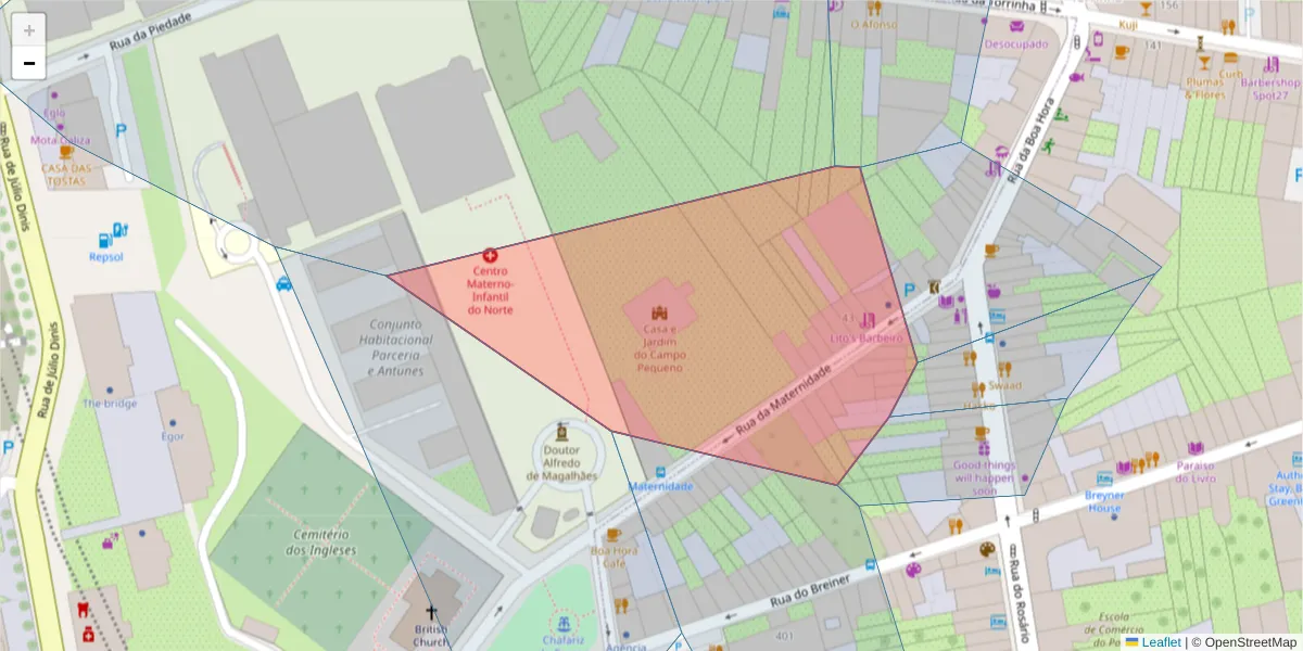 Mapa detalhado do código postal 4050-125 com limites, códigos postais vizinhos e agências dos correios