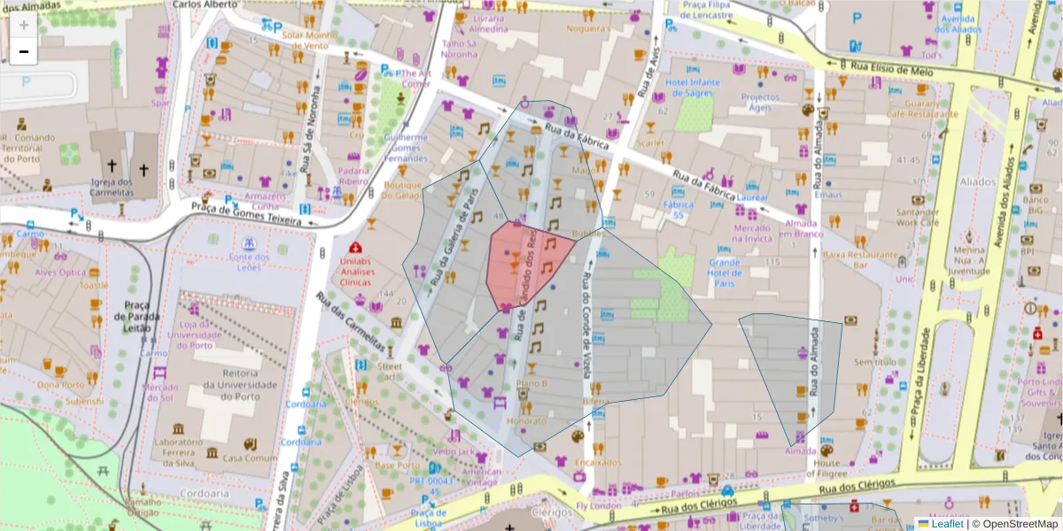 Mapa detalhado do código postal 4050-152 com limites, códigos postais vizinhos e agências dos correios
