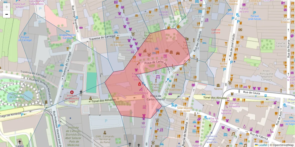 Mapa detalhado do código postal 4050-157 com limites, códigos postais vizinhos e agências dos correios