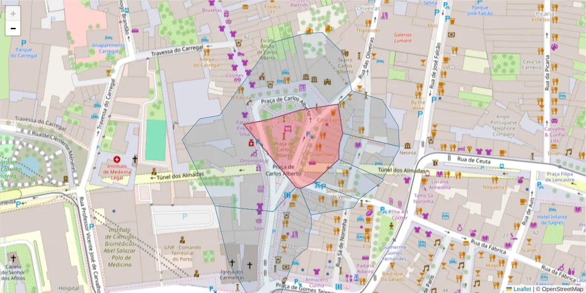 Mapa detalhado do código postal 4050-158 com limites, códigos postais vizinhos e agências dos correios