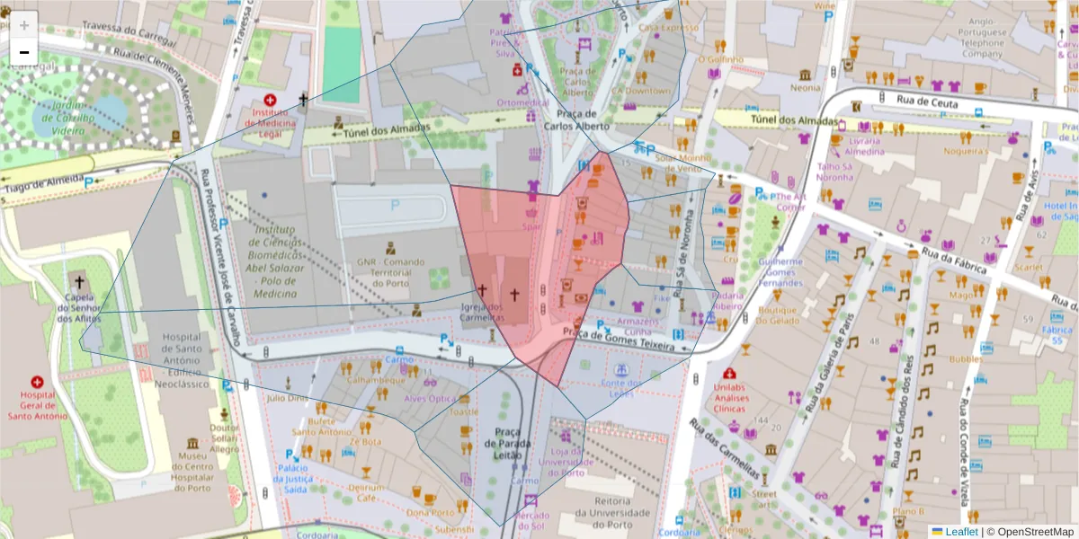 Mapa detalhado do código postal 4050-159 com limites, códigos postais vizinhos e agências dos correios