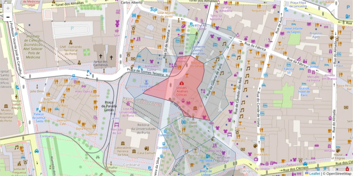 Mapa detalhado do código postal 4050-161 com limites, códigos postais vizinhos e agências dos correios