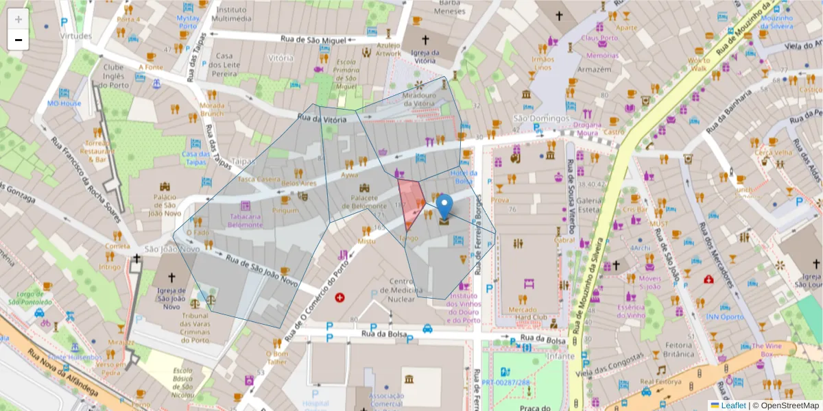 Mapa detalhado do código postal 4050-173 com limites, códigos postais vizinhos e agências dos correios