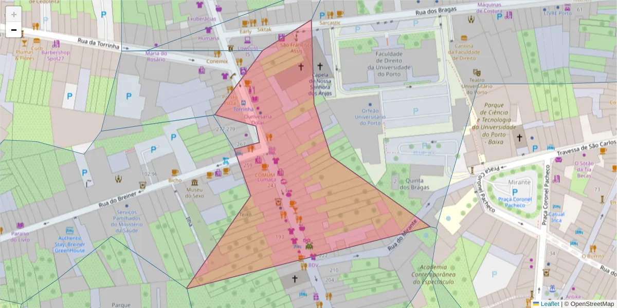 Mapa detalhado do código postal 4050-174 com limites, códigos postais vizinhos e agências dos correios