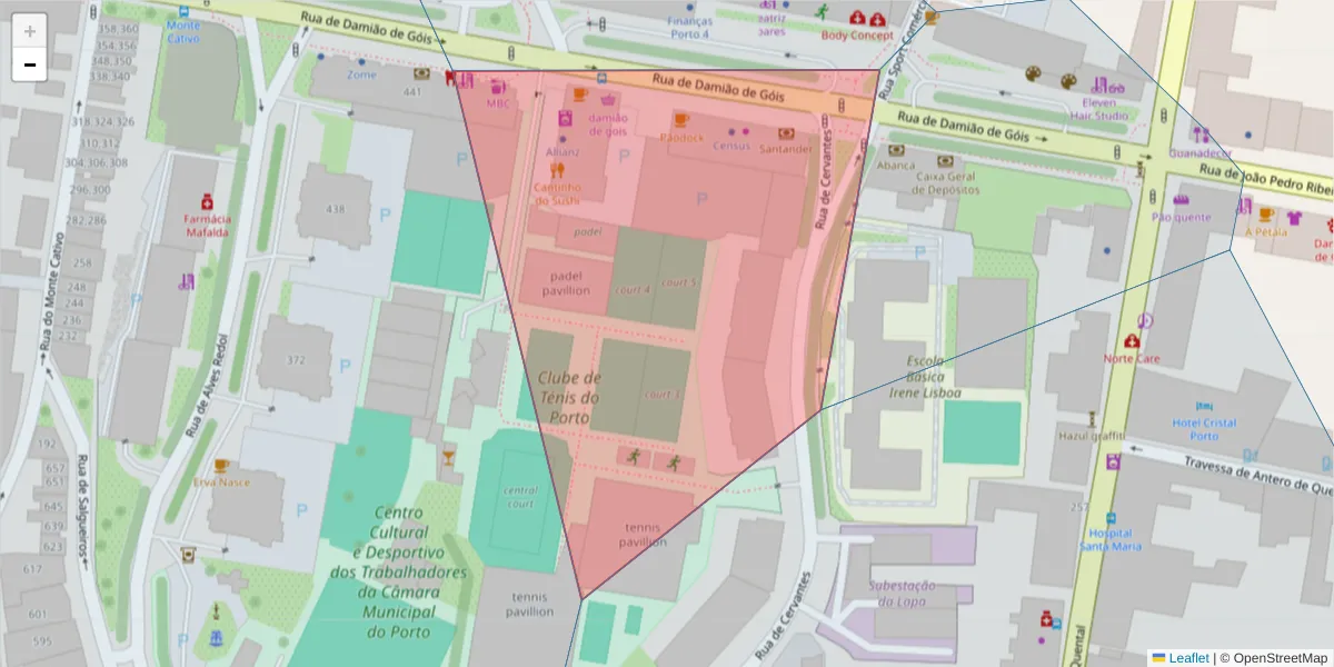 Mapa detalhado do código postal 4050-227 com limites, códigos postais vizinhos e agências dos correios