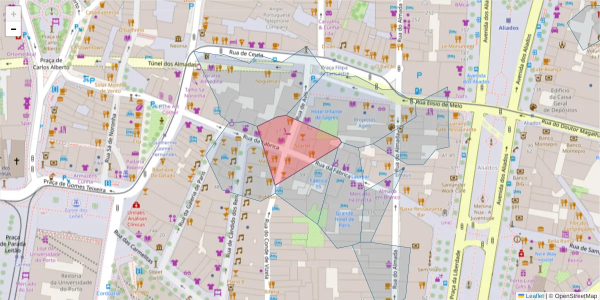 Mapa detalhado do código postal 4050-245 com limites, códigos postais vizinhos e agências dos correios