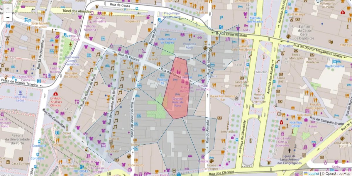 Mapa detalhado do código postal 4050-247 com limites, códigos postais vizinhos e agências dos correios