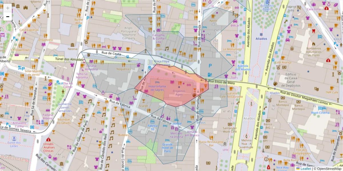 Mapa detalhado do código postal 4050-259 com limites, códigos postais vizinhos e agências dos correios