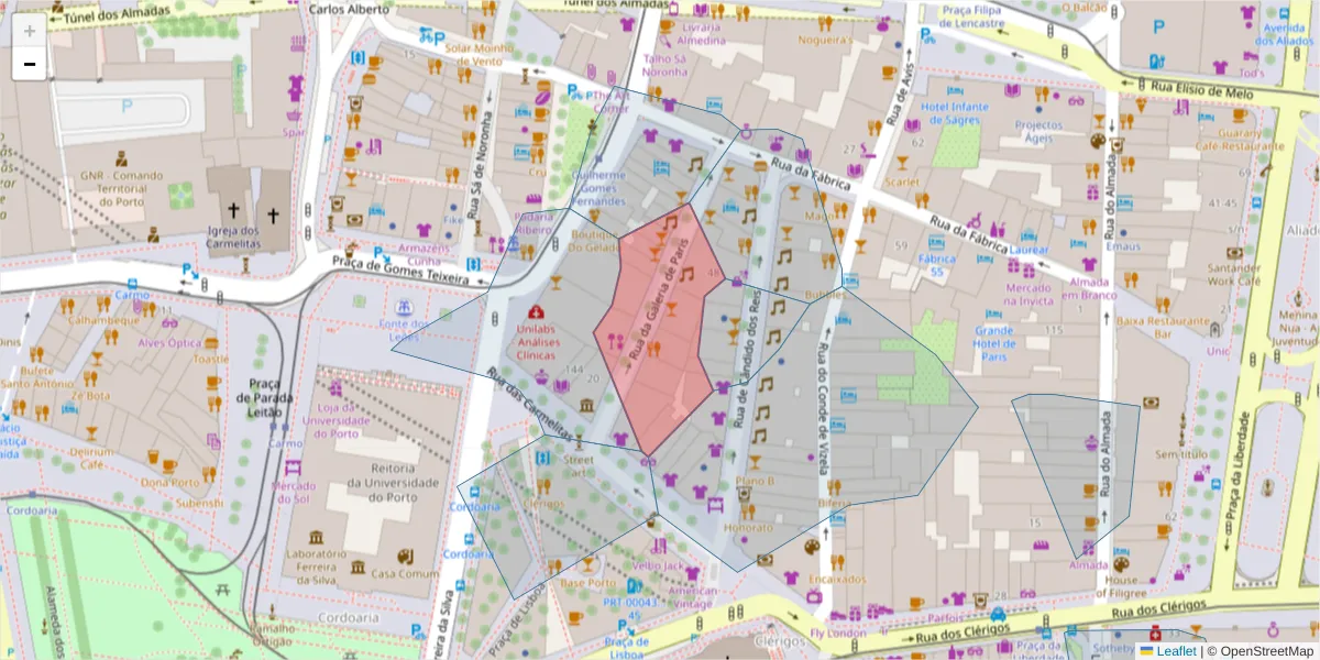 Mapa detalhado do código postal 4050-284 com limites, códigos postais vizinhos e agências dos correios