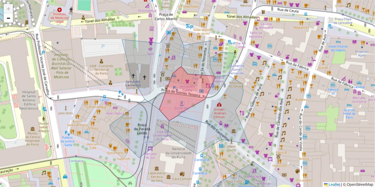 Mapa detalhado do código postal 4050-290 com limites, códigos postais vizinhos e agências dos correios