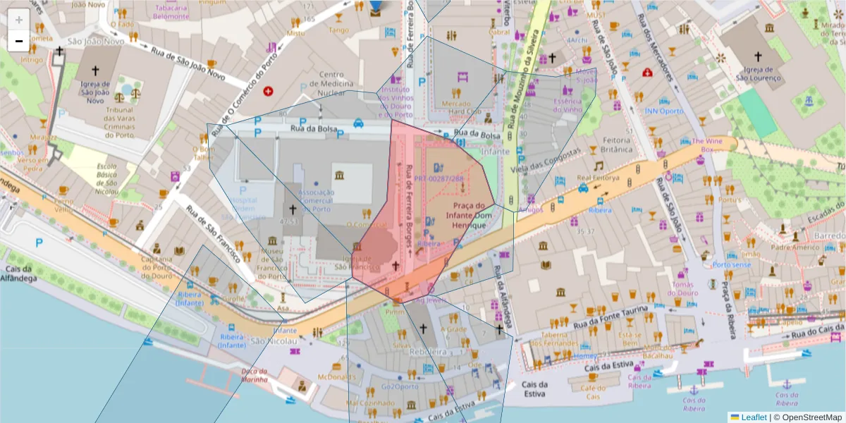 Mapa detalhado do código postal 4050-295 com limites, códigos postais vizinhos e agências dos correios