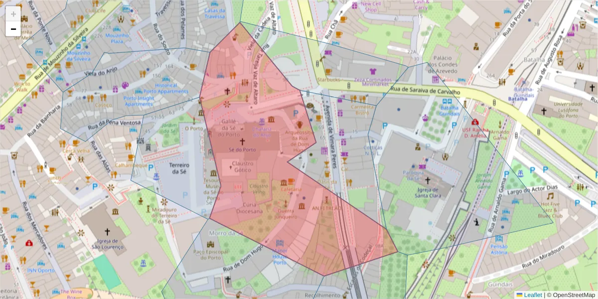 Mapa detalhado do código postal 4050-305 com limites, códigos postais vizinhos e agências dos correios