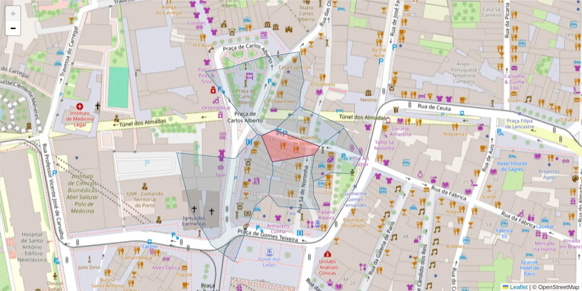 Mapa detalhado do código postal 4050-310 com limites, códigos postais vizinhos e agências dos correios
