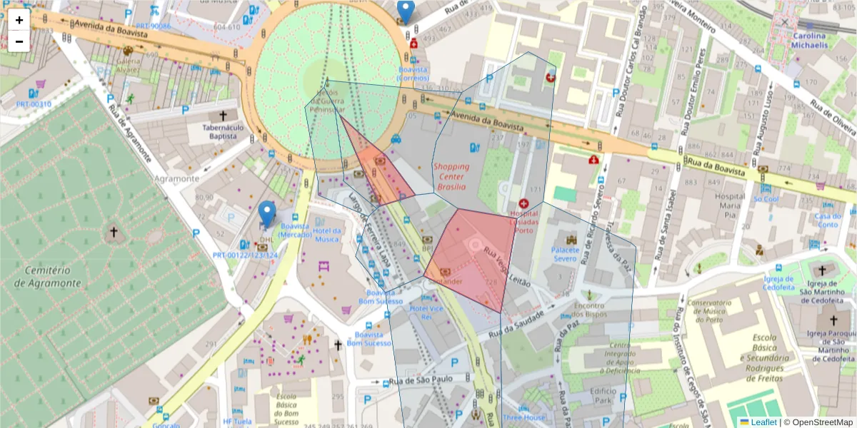 Mapa detalhado do código postal 4050-322 com limites, códigos postais vizinhos e agências dos correios