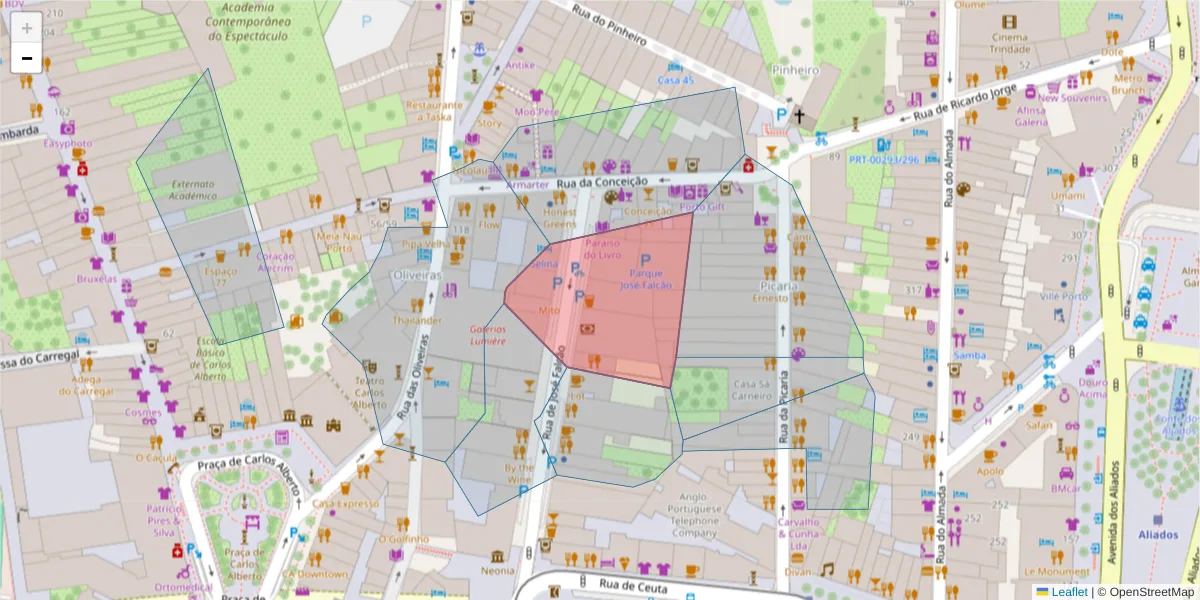 Mapa detalhado do código postal 4050-350 com limites, códigos postais vizinhos e agências dos correios