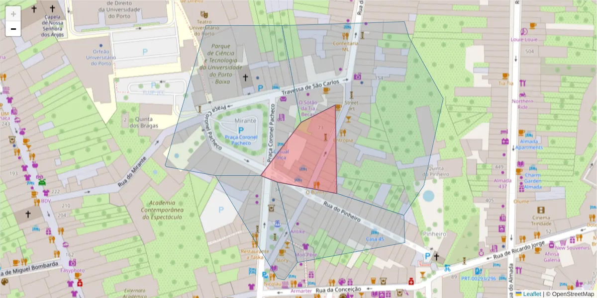 Mapa detalhado do código postal 4050-361 com limites, códigos postais vizinhos e agências dos correios