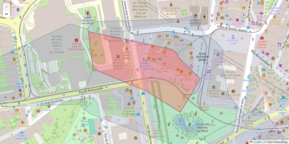 Mapa detalhado do código postal 4050-366 com limites, códigos postais vizinhos e agências dos correios