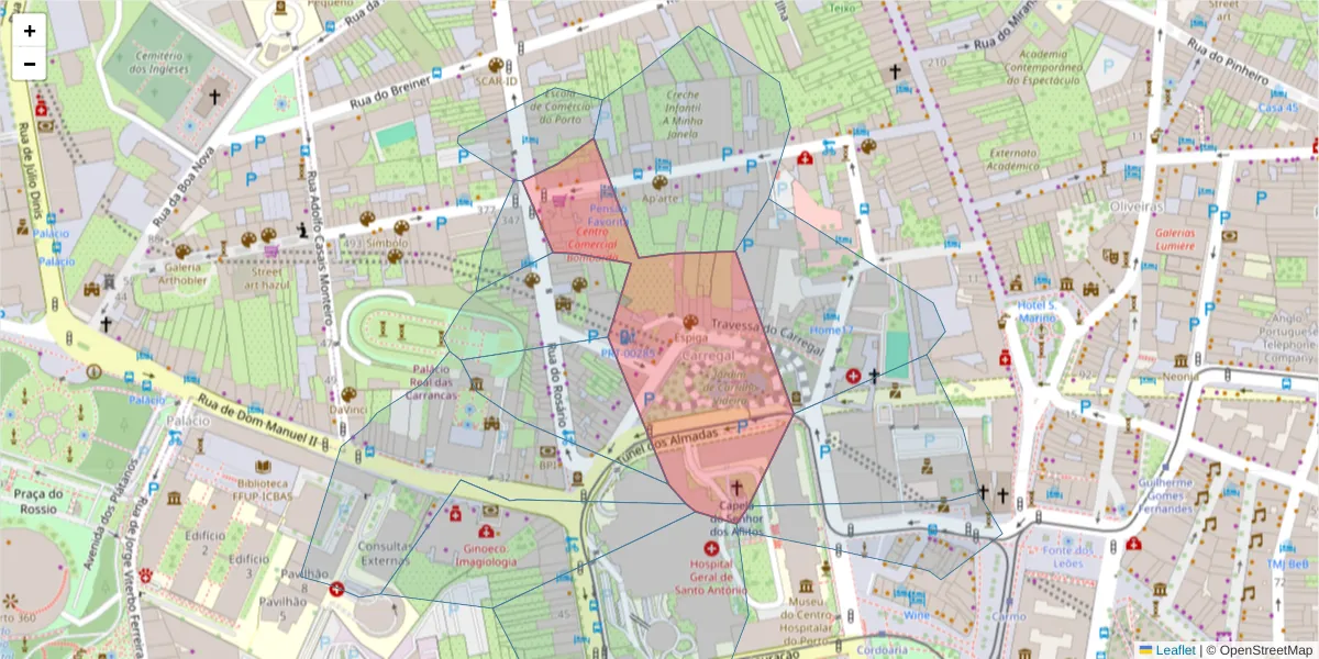 Mapa detalhado do código postal 4050-381 com limites, códigos postais vizinhos e agências dos correios
