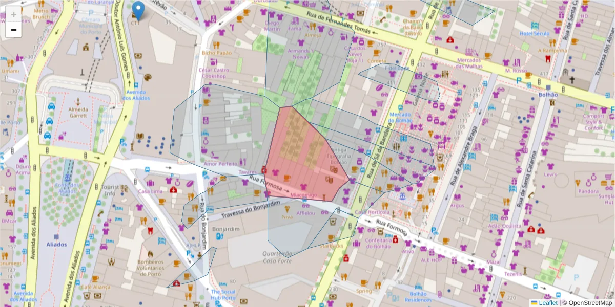 Mapa detalhado do código postal 4050-453 com limites, códigos postais vizinhos e agências dos correios