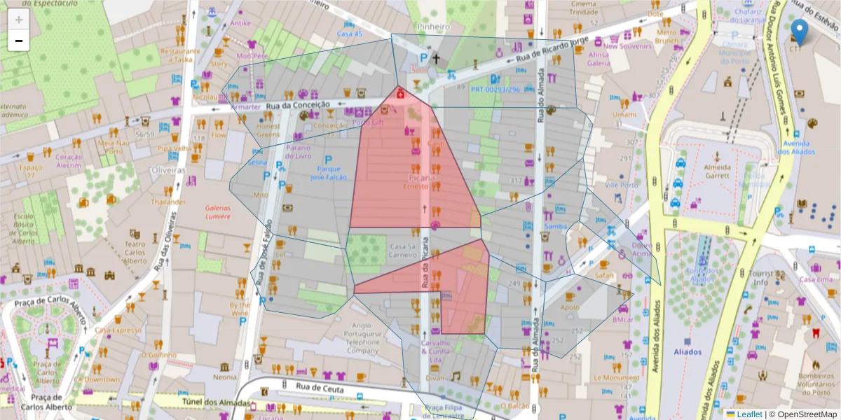 Mapa detalhado do código postal 4050-477 com limites, códigos postais vizinhos e agências dos correios