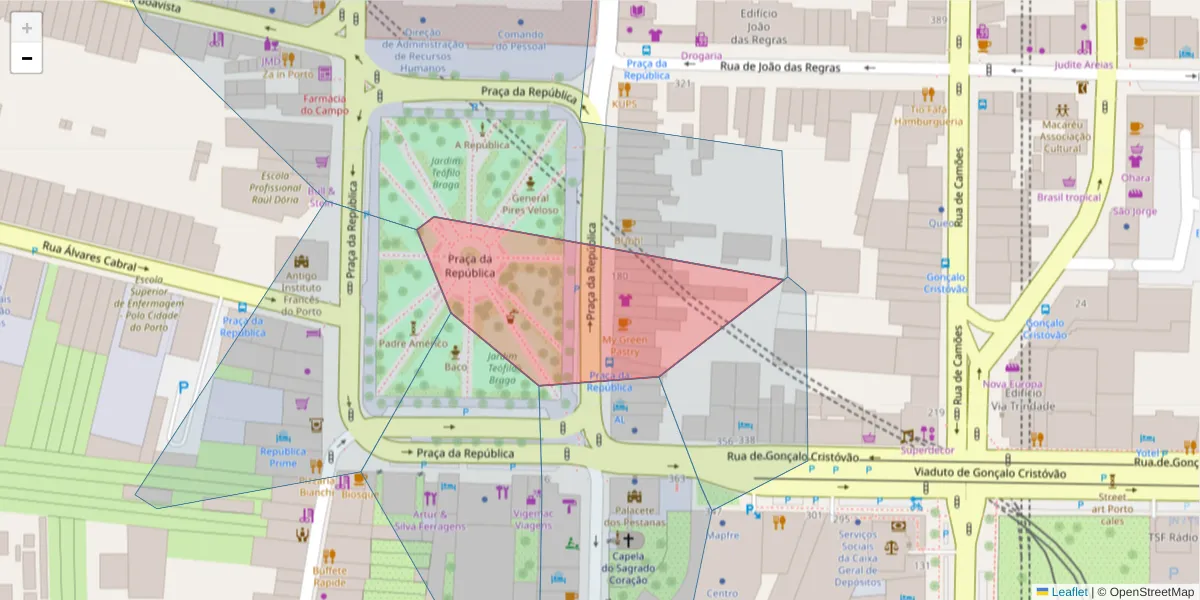 Mapa detalhado do código postal 4050-498 com limites, códigos postais vizinhos e agências dos correios