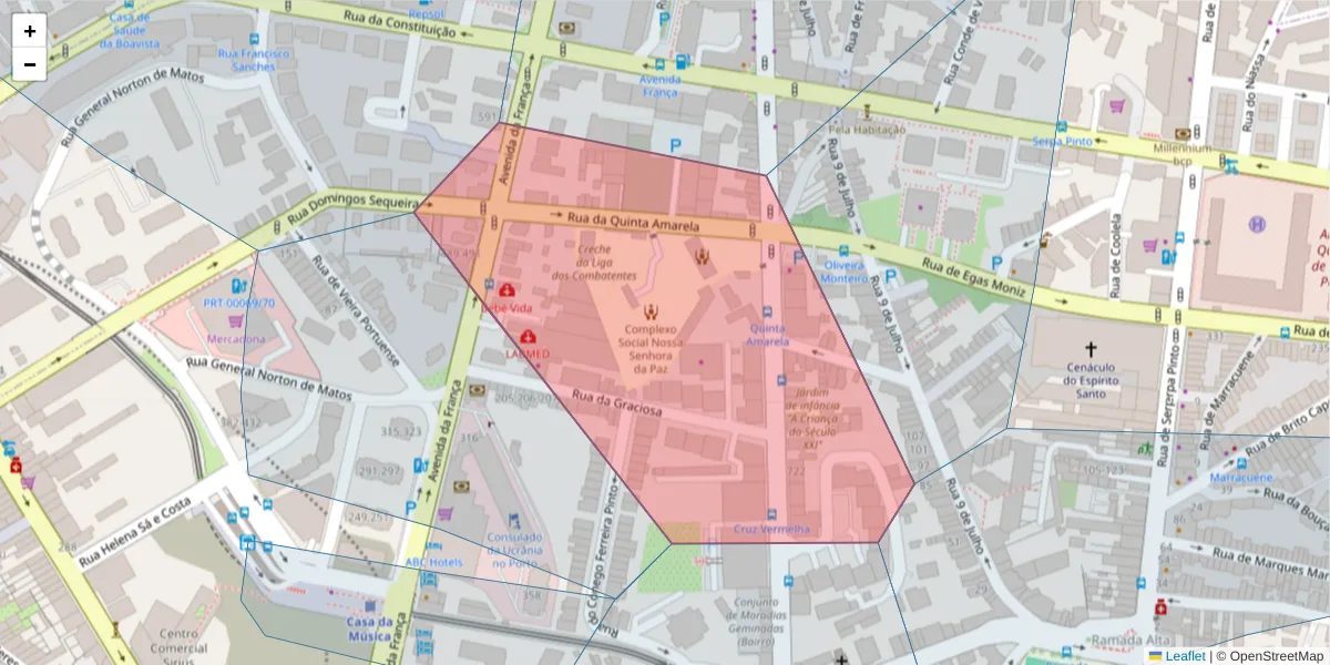 Mapa detalhado do código postal 4050-499 com limites, códigos postais vizinhos e agências dos correios