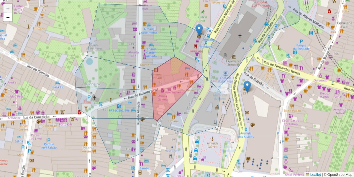 Mapa detalhado do código postal 4050-514 com limites, códigos postais vizinhos e agências dos correios