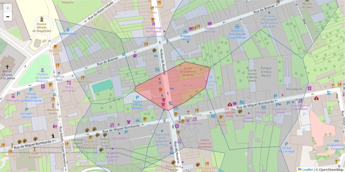 Mapa detalhado do código postal 4050-521 com limites, códigos postais vizinhos e agências dos correios
