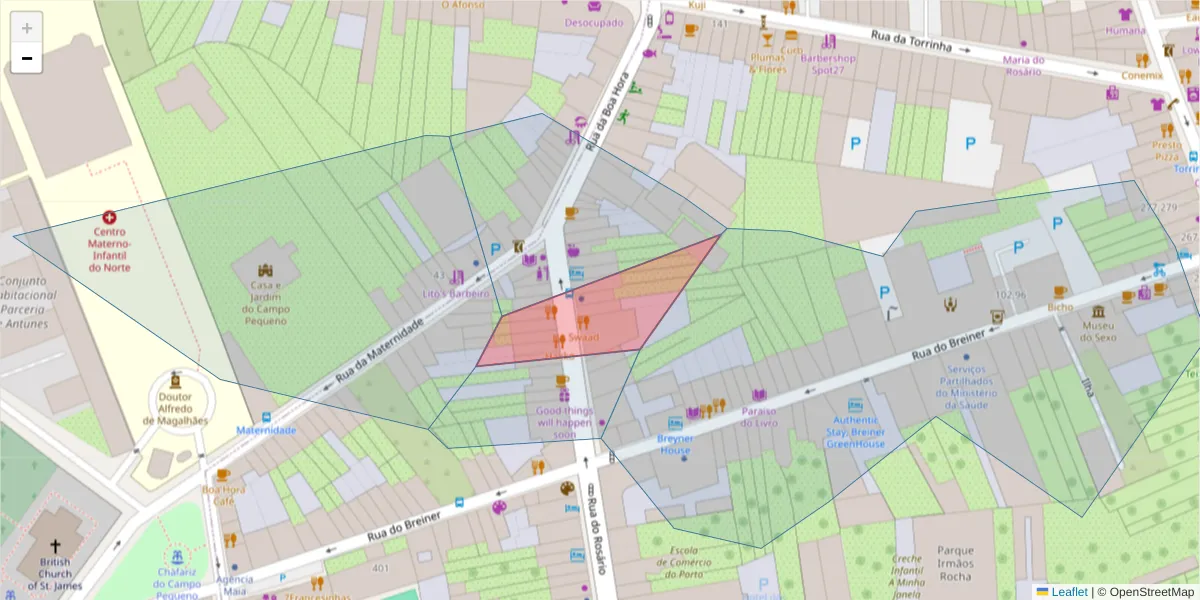 Mapa detalhado do código postal 4050-522 com limites, códigos postais vizinhos e agências dos correios