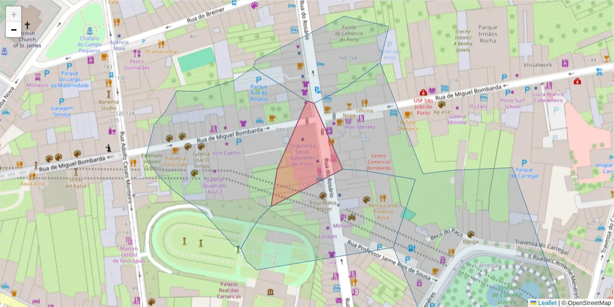 Mapa detalhado do código postal 4050-523 com limites, códigos postais vizinhos e agências dos correios
