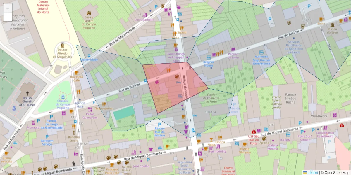 Mapa detalhado do código postal 4050-524 com limites, códigos postais vizinhos e agências dos correios