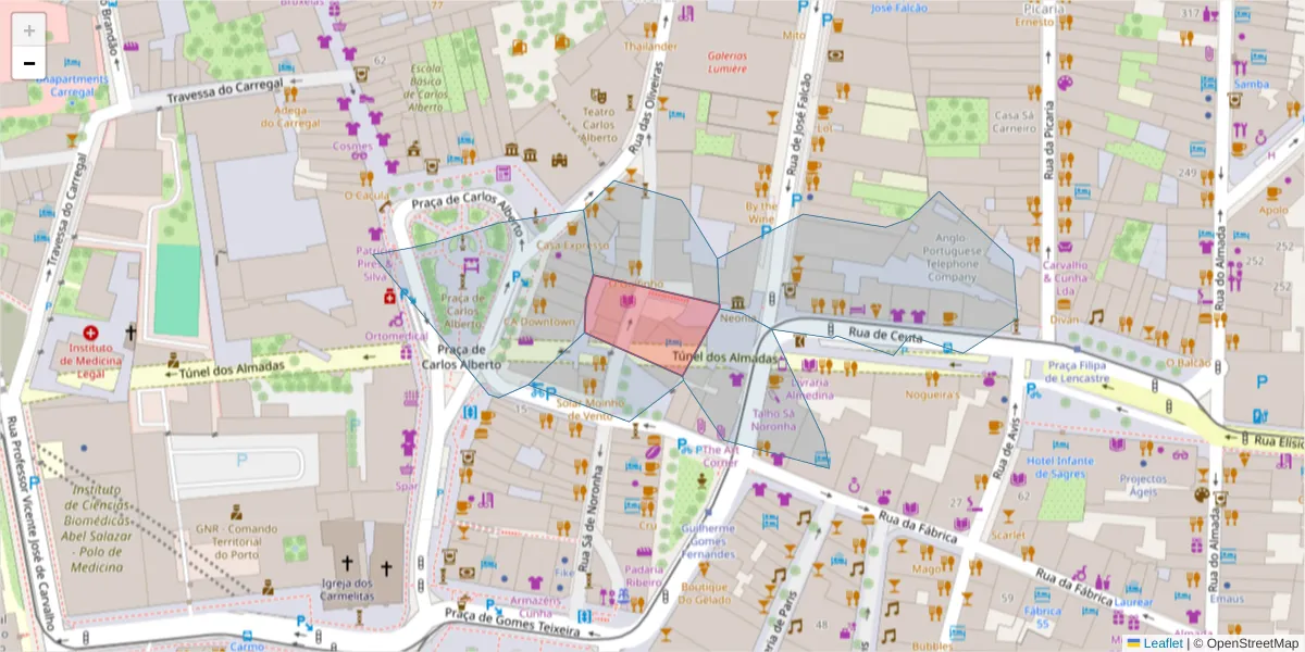 Mapa detalhado do código postal 4050-526 com limites, códigos postais vizinhos e agências dos correios