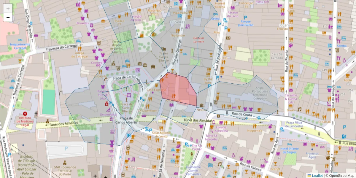 Mapa detalhado do código postal 4050-528 com limites, códigos postais vizinhos e agências dos correios