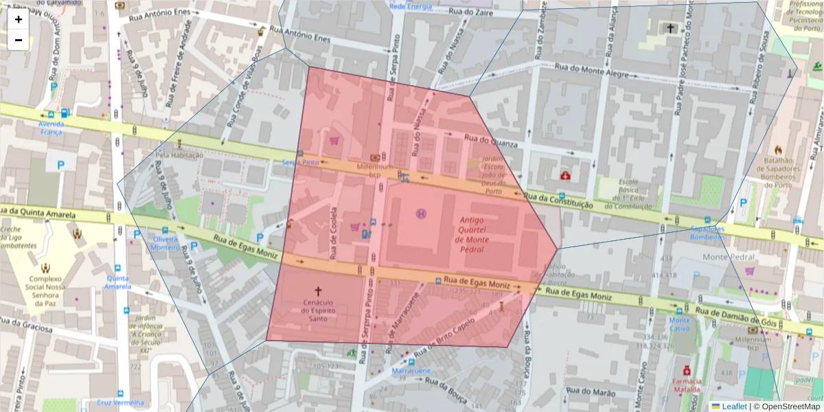 Mapa detalhado do código postal 4050-586 com limites, códigos postais vizinhos e agências dos correios