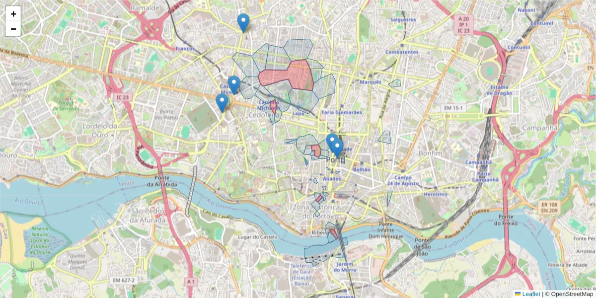 Mapa detalhado do código postal 4050 com limites, códigos postais vizinhos e agências dos correios