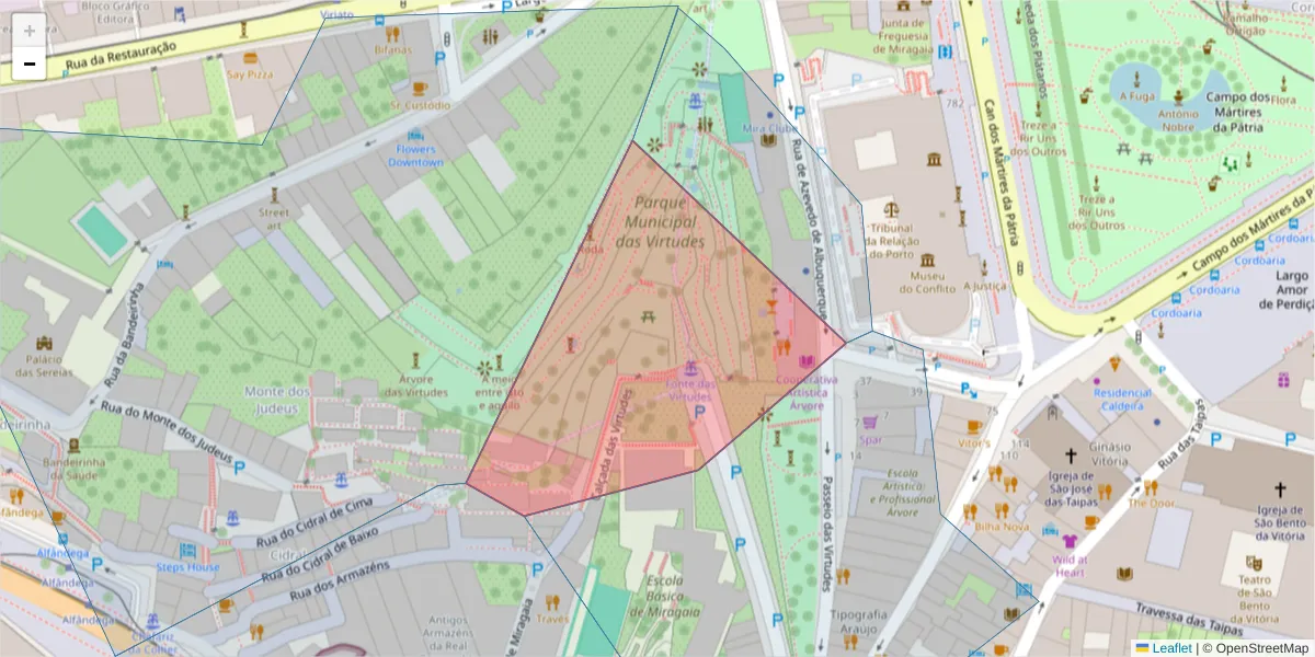 Mapa detalhado do código postal 4059-091 com limites, códigos postais vizinhos e agências dos correios