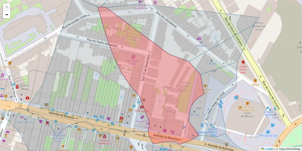 Mapa detalhado do código postal 4100-111 com limites, códigos postais vizinhos e agências dos correios