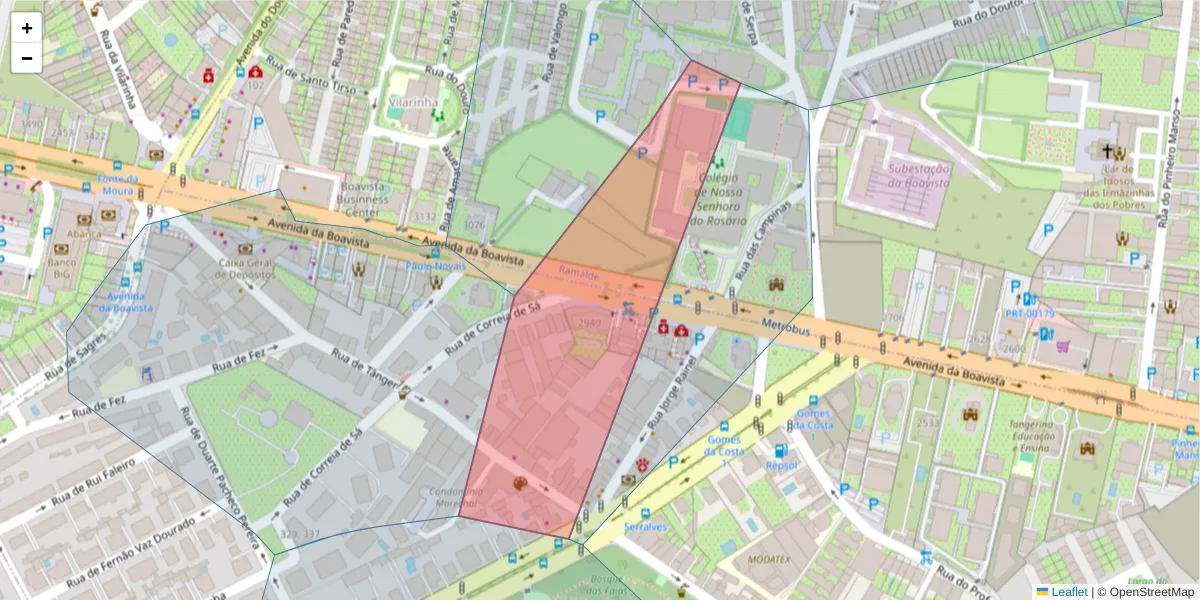 Mapa detalhado do código postal 4100-136 com limites, códigos postais vizinhos e agências dos correios