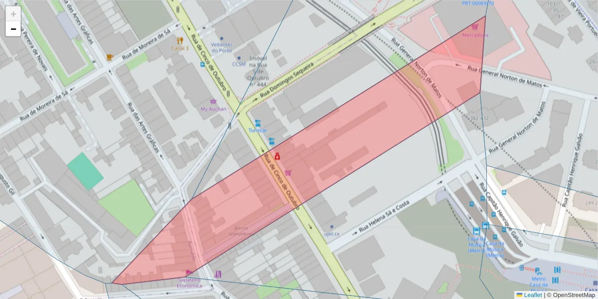 Mapa detalhado do código postal 4100-173 com limites, códigos postais vizinhos e agências dos correios
