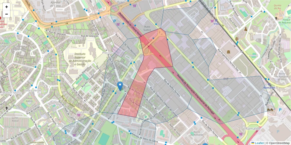 Mapa detalhado do código postal 4100-199 com limites, códigos postais vizinhos e agências dos correios