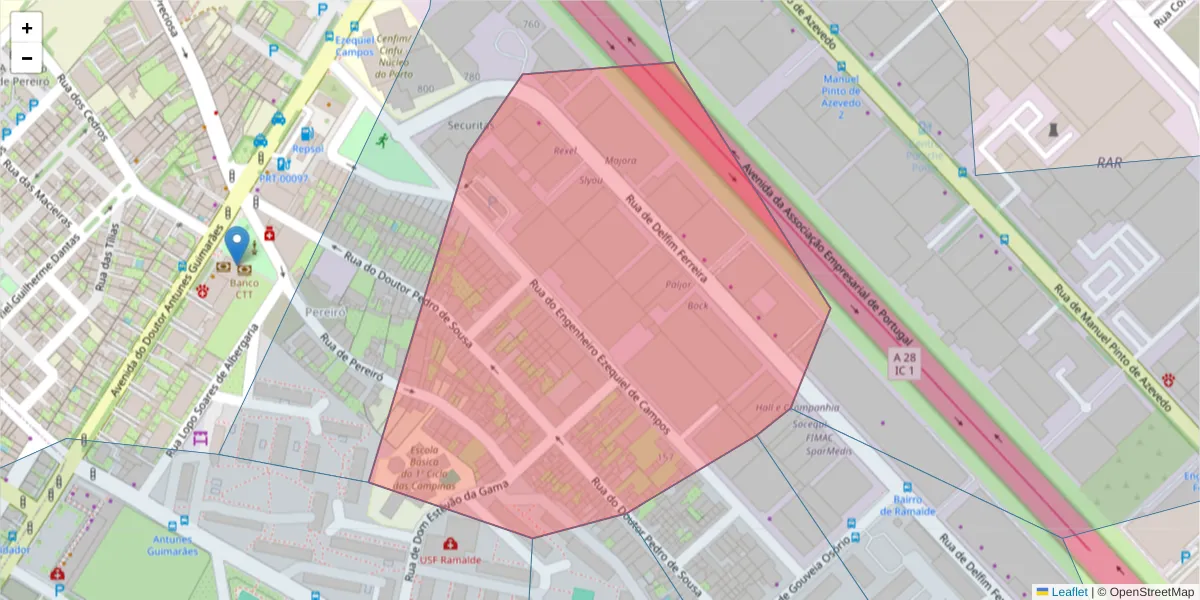 Mapa detalhado do código postal 4100-201 com limites, códigos postais vizinhos e agências dos correios