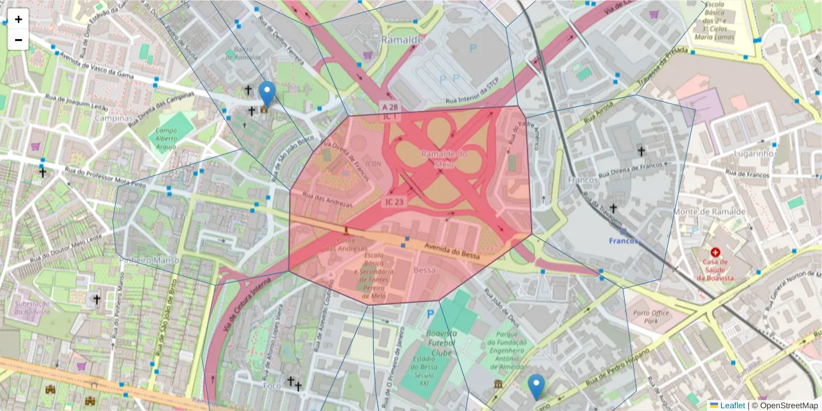 Mapa detalhado do código postal 4100-210 com limites, códigos postais vizinhos e agências dos correios