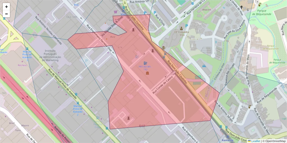 Mapa detalhado do código postal 4100-246 com limites, códigos postais vizinhos e agências dos correios